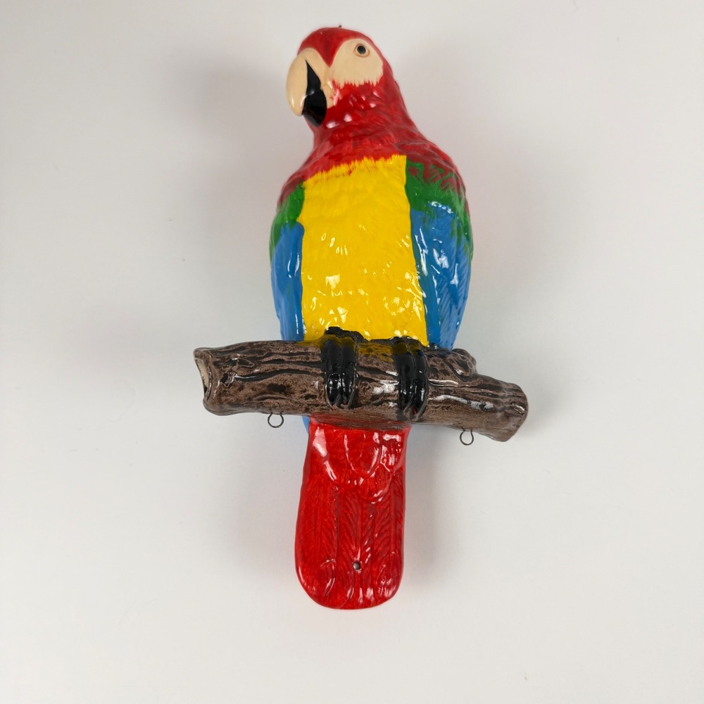 Ceramic Parrot Figurine Wall Hanging Tropical Macaw Bird Red Yellow Blue 8.5"